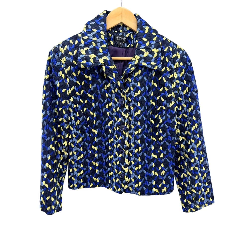 Juliana Collezione Quilted Jacket Sz 8 Blue Embroidered Leaf Brocade Vintage Art